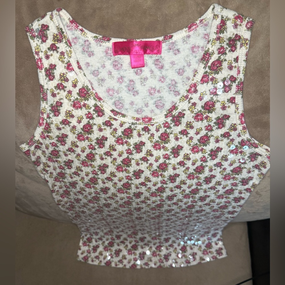 Almost Famous  Girl’s XL Floral Sequin Tank Top Ribbed Sleeveless Shirt